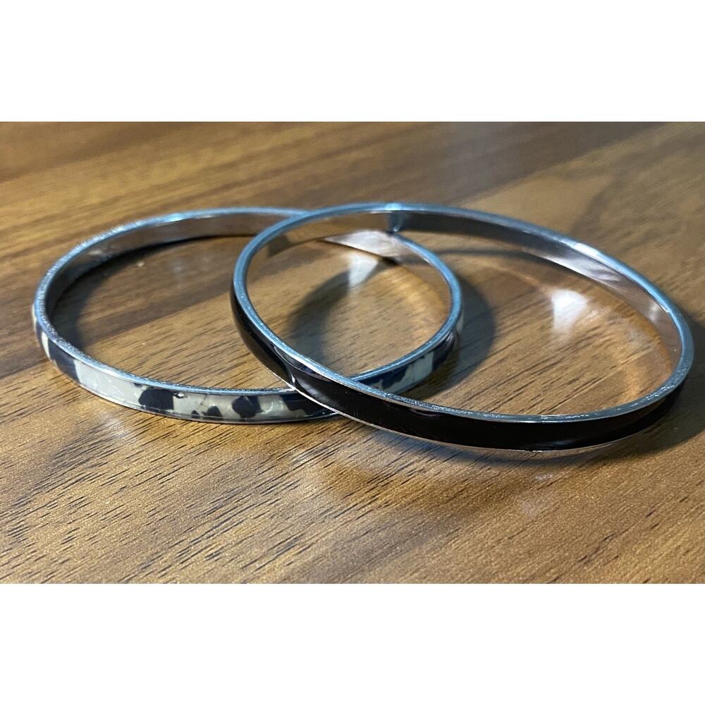 Vintage Enamel Bangle Bracelet Metal 2PC SET Black Animal Print Leopard EUC